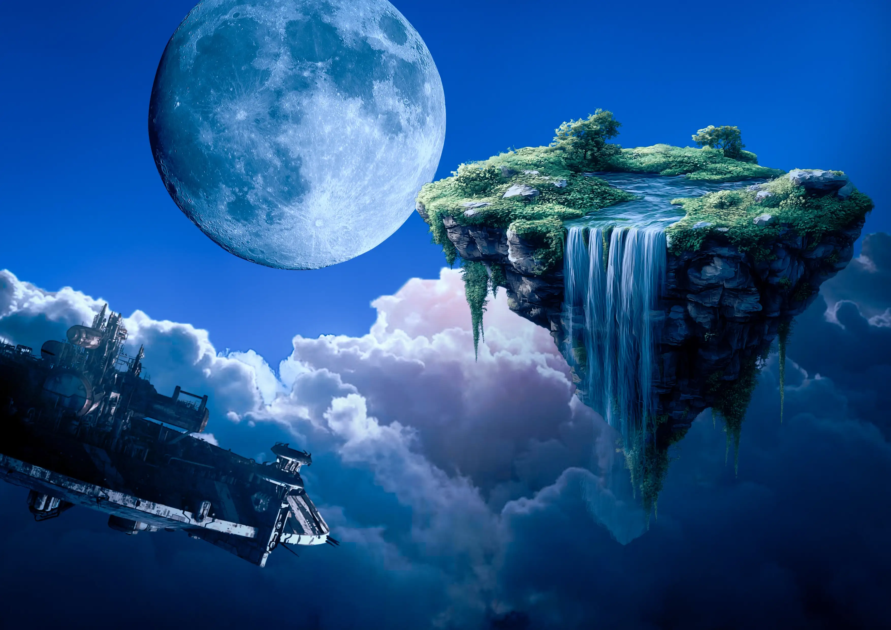 Floating islands under a full moon